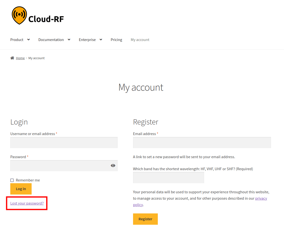 CloudRF Lost Password Link