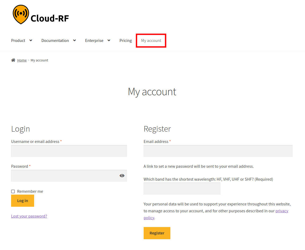 CloudRF My Account