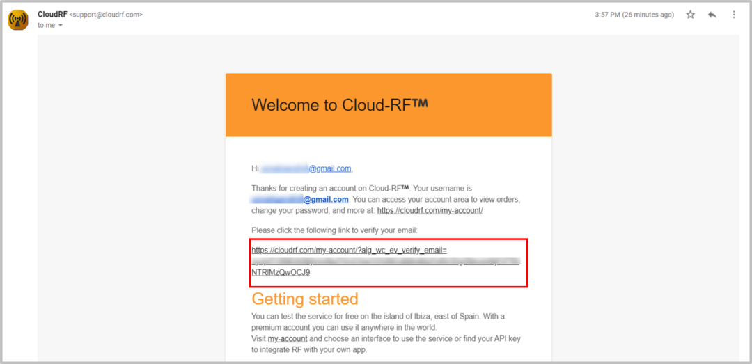 CloudRF Registration Email