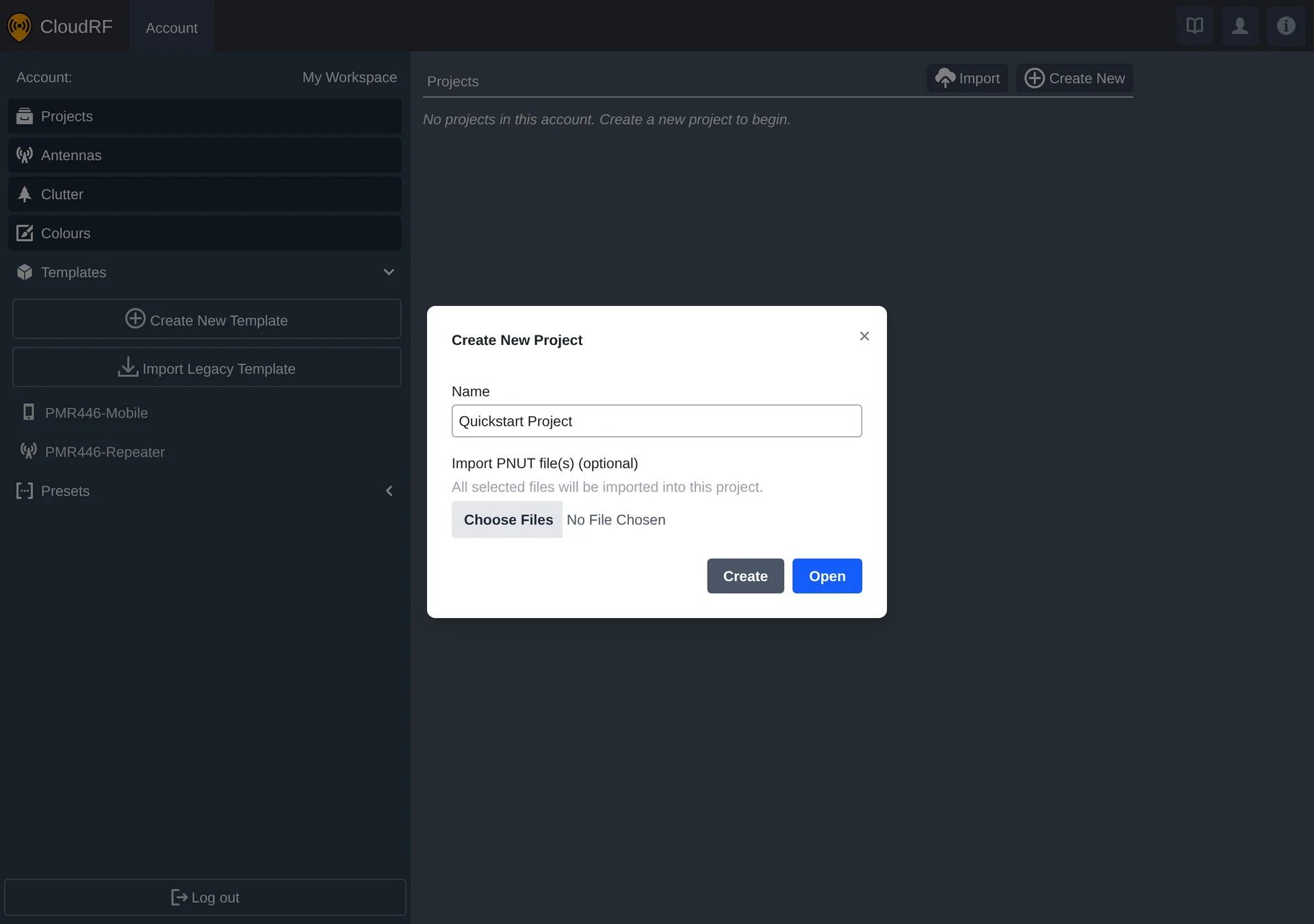 create-project modal with a name filled in