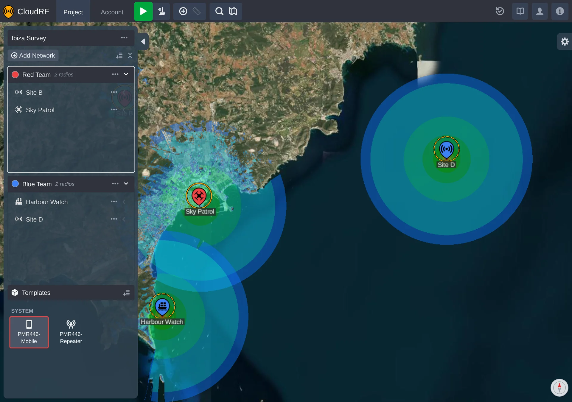 two coloured networks, radios with distinctive icons (a drone in the sky, a ship in the sea)