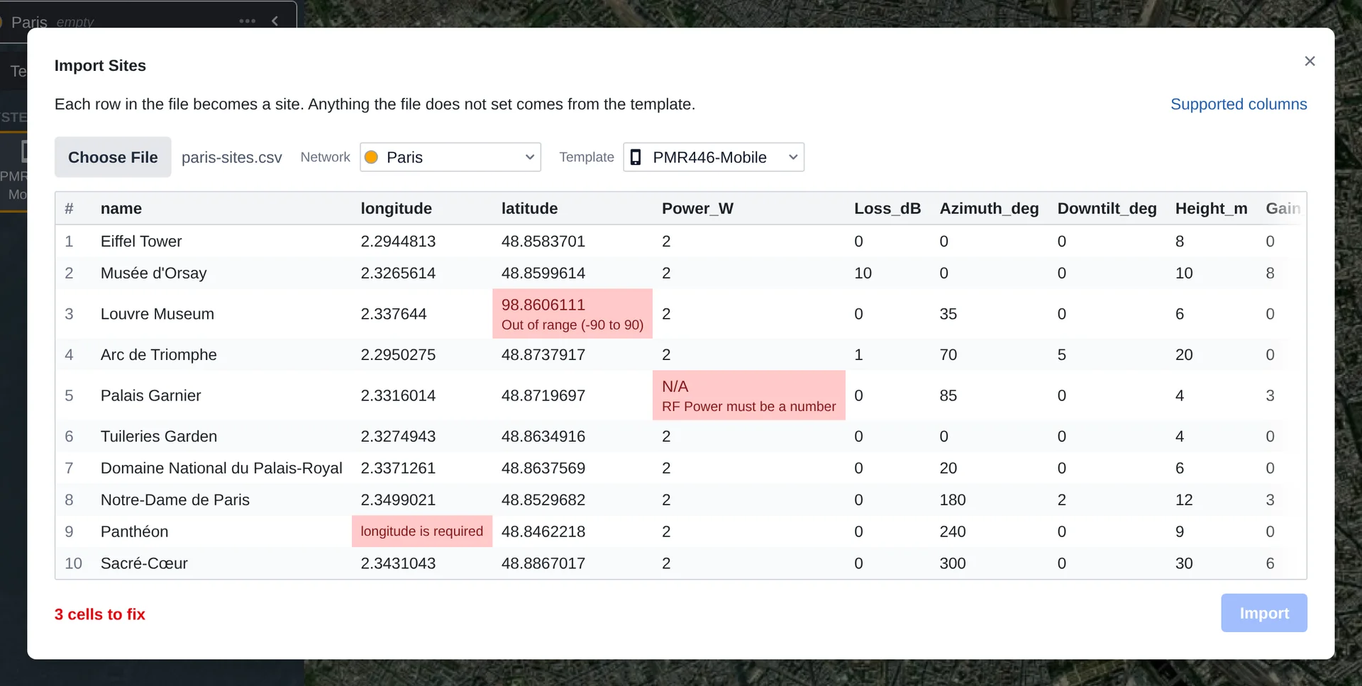 three flagged cells in the import dialog
