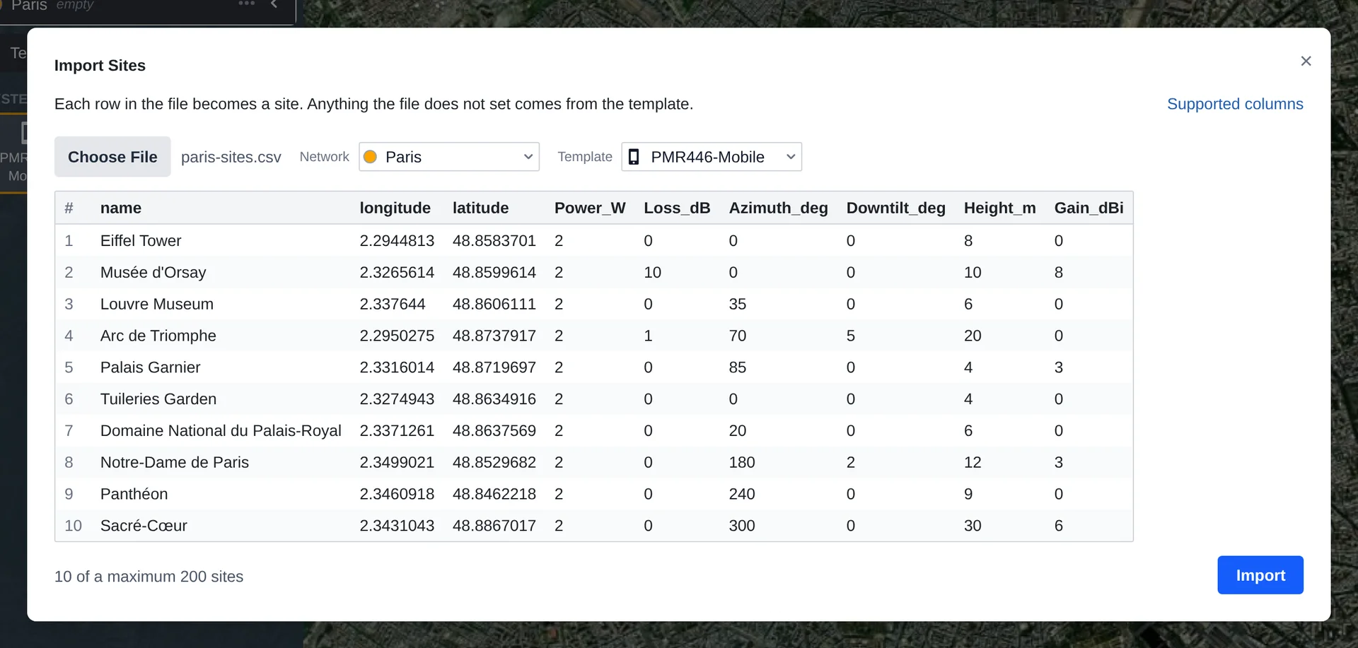 the import dialog listing ten sites