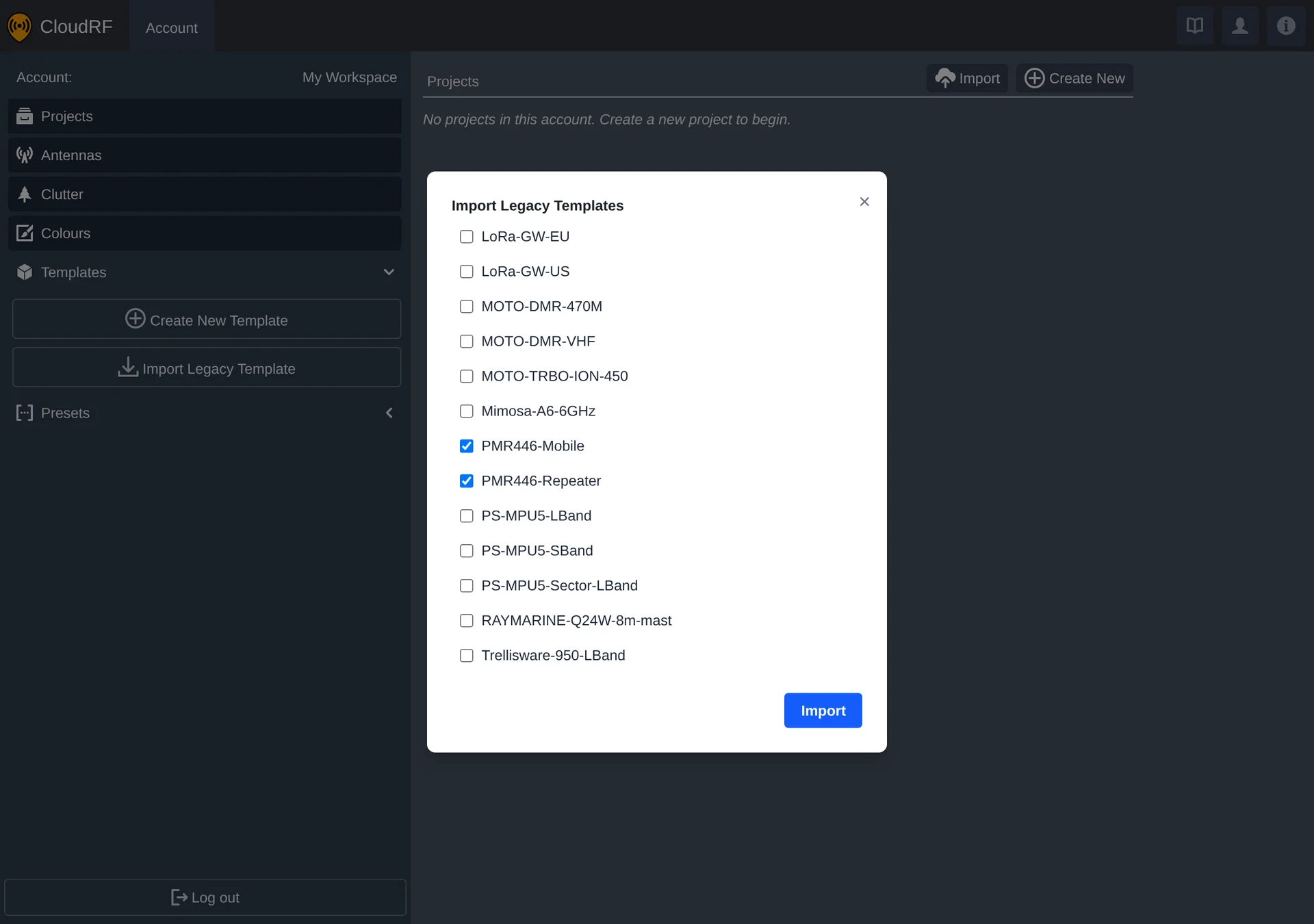import modal open over the Account view, a couple of templates selected