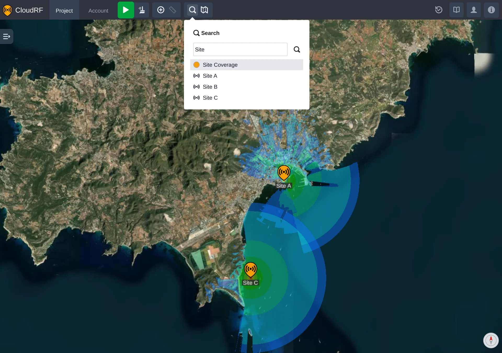 a search matching the project's own network and radios, each row carrying its colour dot or icon