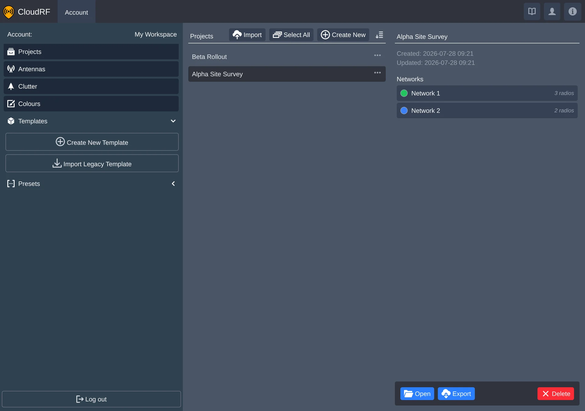 one project selected, its metadata and networks visible on the RHS detail panel