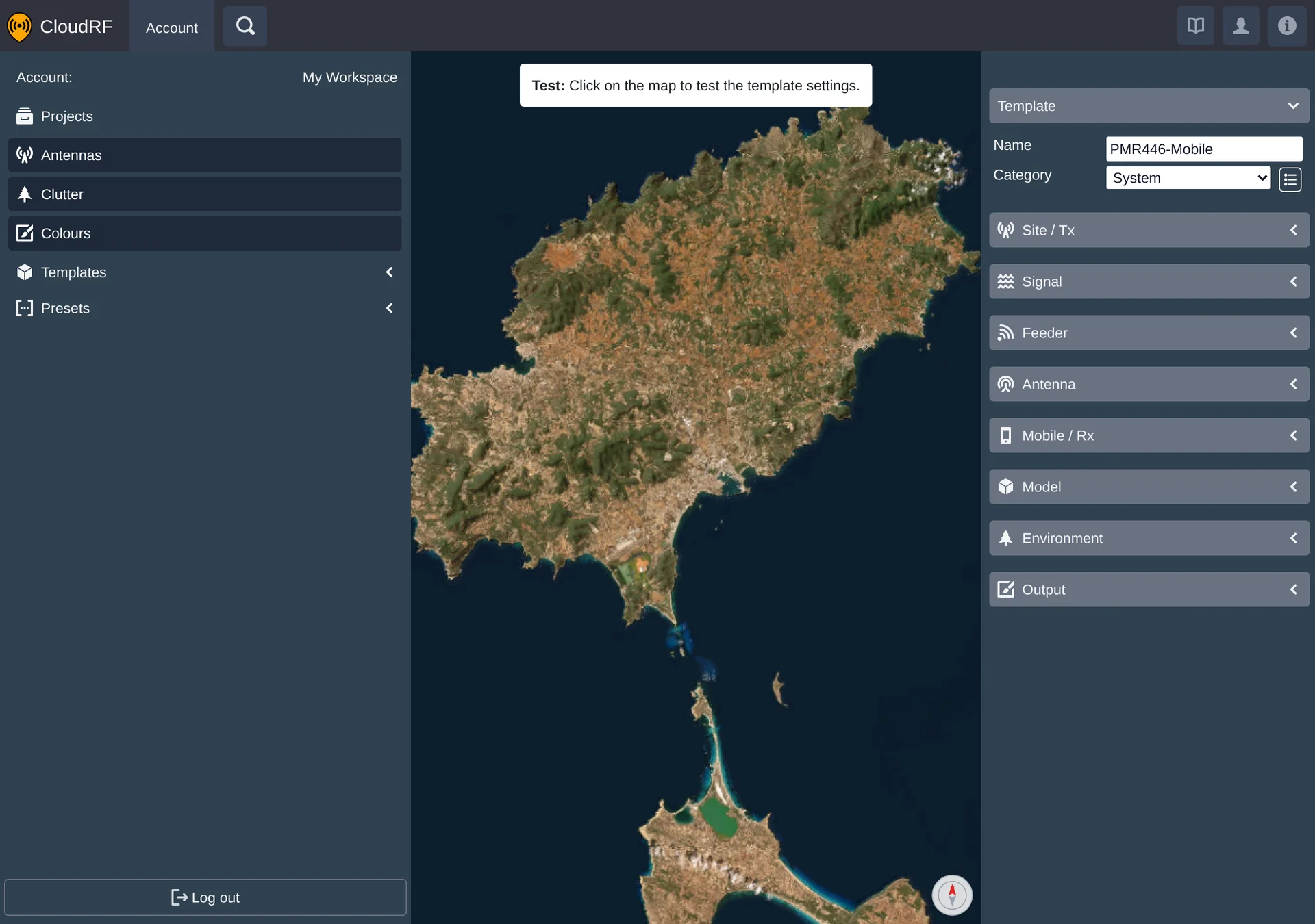 the template editor with a template open, showing its settings and map