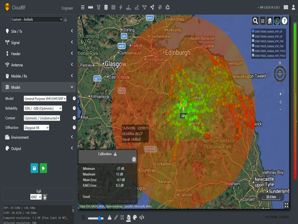 VHF coverage map using General Purpose model from Ashkirk site.