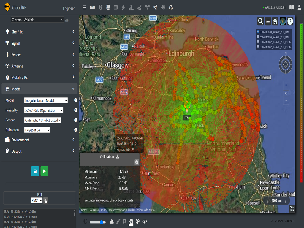 VHF coverage map using Irregular Terrain Model from Ashkirk site paired with ITU SG3-data