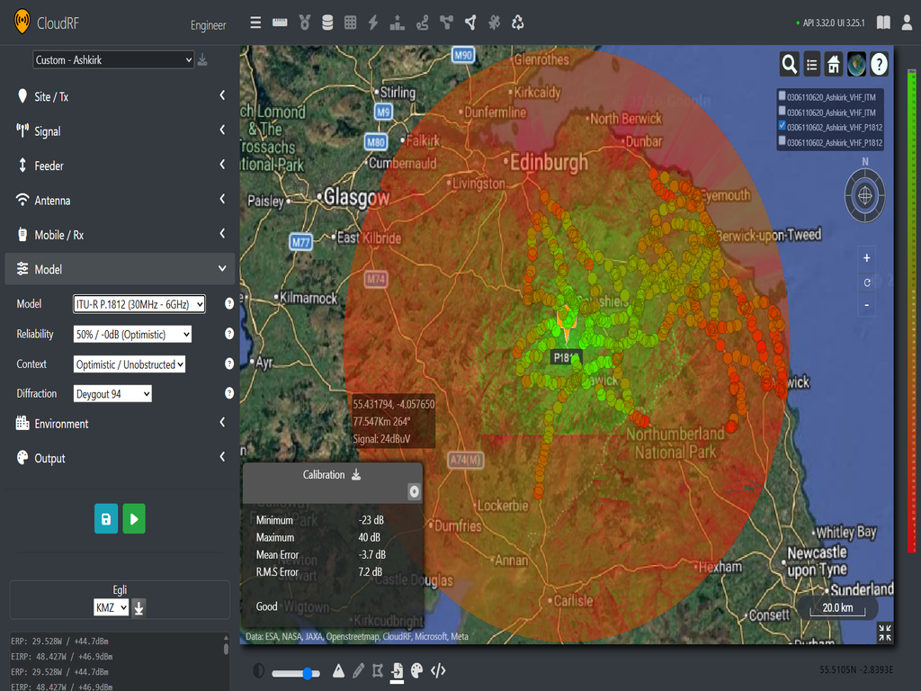 VHF coverage map using ITU-R P.1812 model from Ashkirk site paired with ITU SG3-data