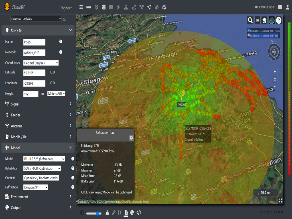VHF coverage map using P.525 model from Ashkirk site paired with ITU SG3-data
