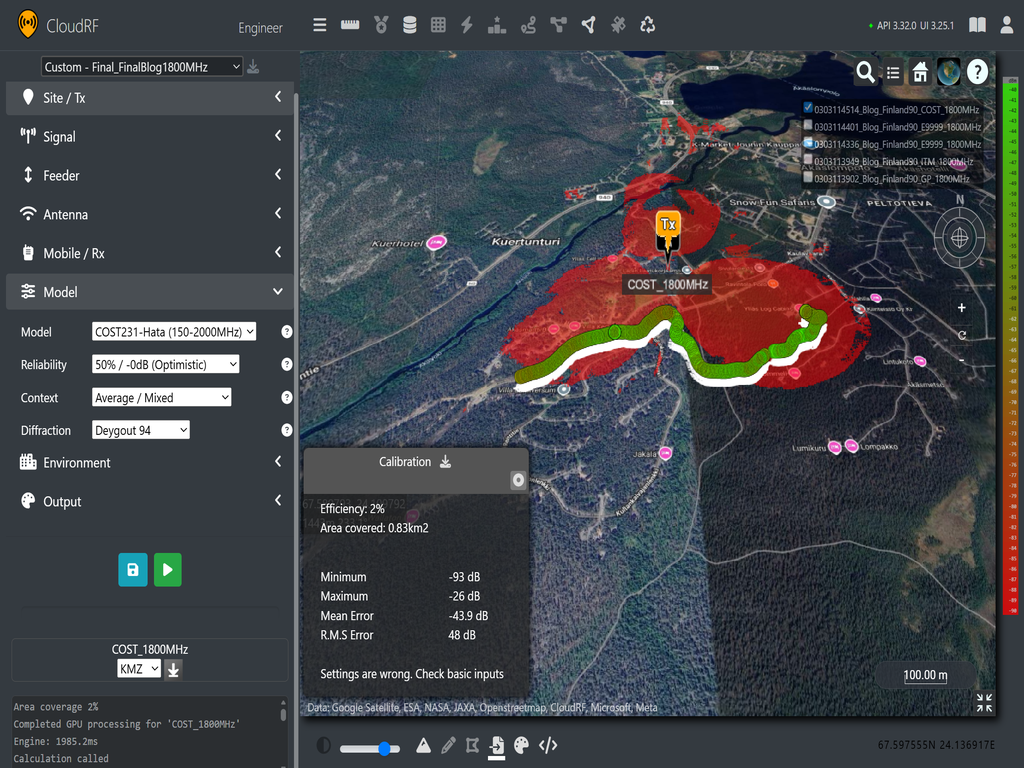 Cloud RF coverage prediction using COST-231 against RANT data at 1820MHz (LTE Band 3)