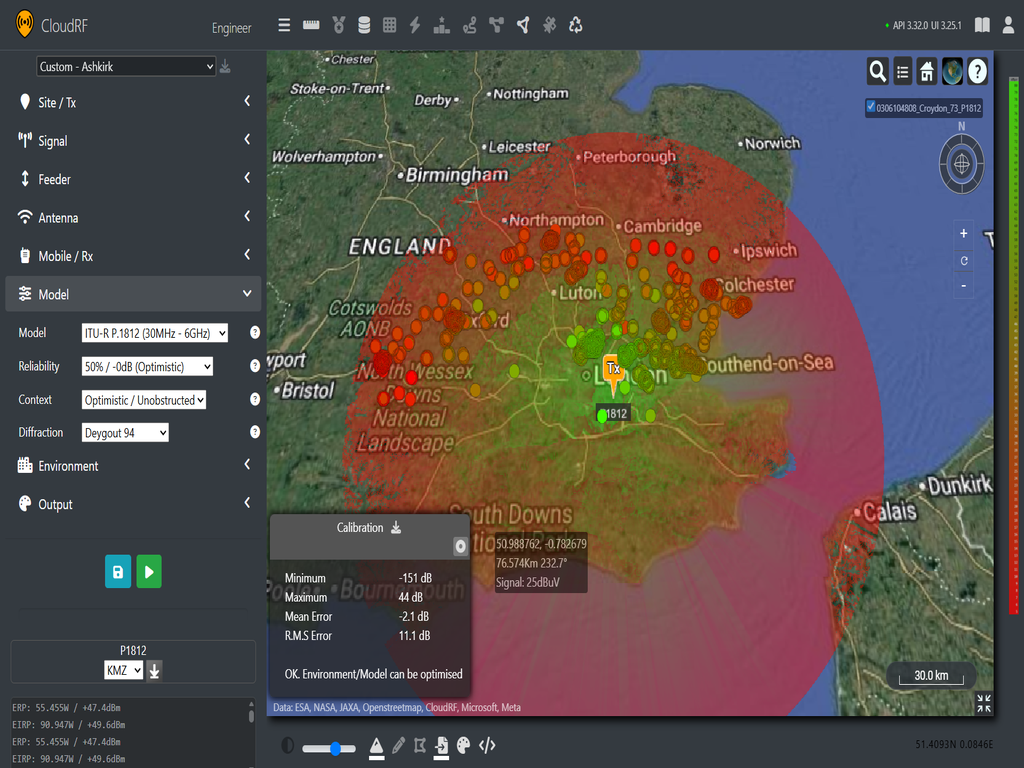 VHF coverage map using ITU-R P.1812 model from Croydon transmission site paired with ITU SG3-data