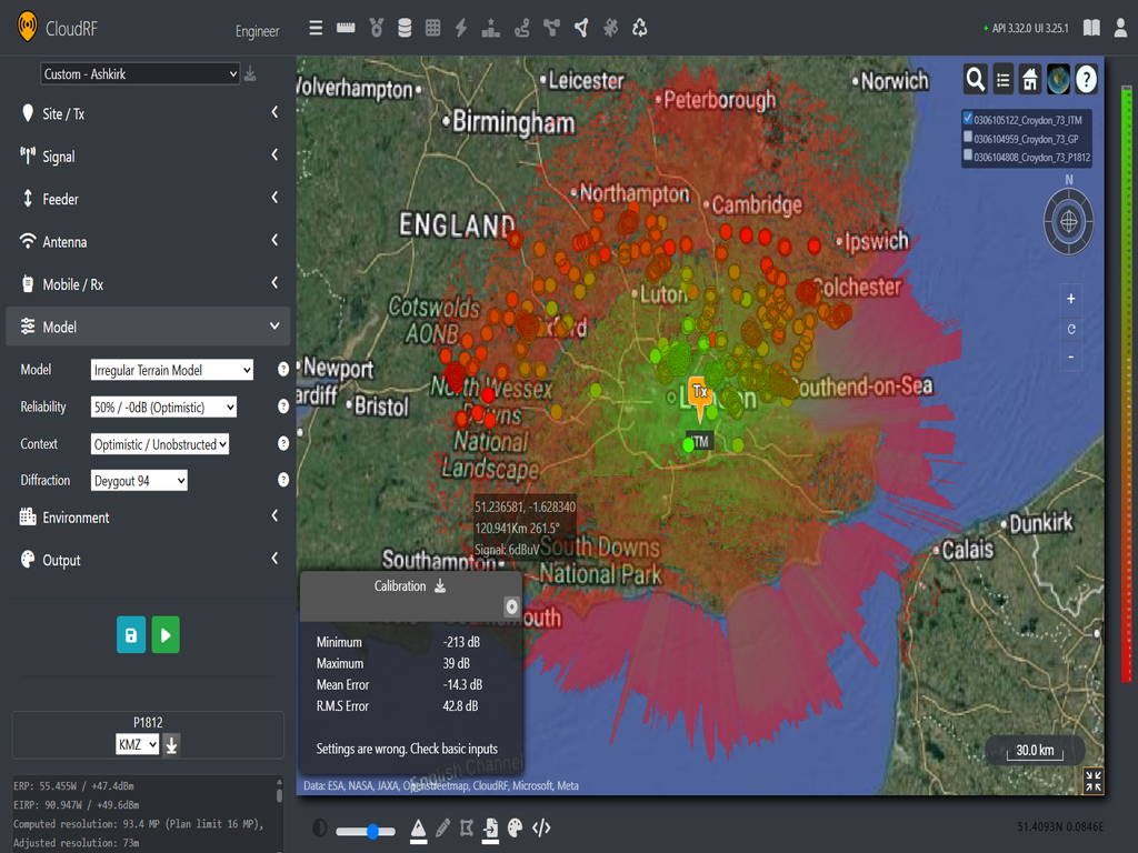 VHF coverage map using Irregular Terrain Model from Croydon transmission site paired with ITU SG3-data