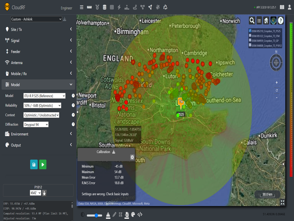 VHF coverage map using P.525 model from Croydon transmission site paired with ITU SG3-data