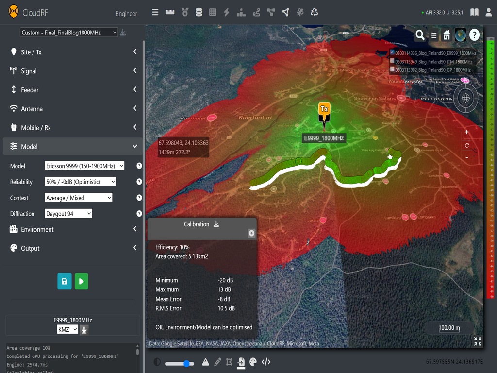 Cloud RF coverage prediction using Ericsson 9999 against RANT data at 1820MHz (LTE Band 3)