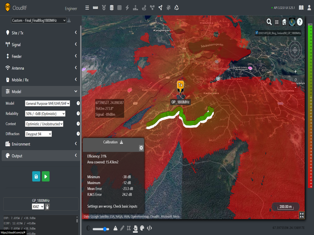 Cloud RF coverage prediction using General Purpose against RANT data at 1820MHz (LTE Band 3)