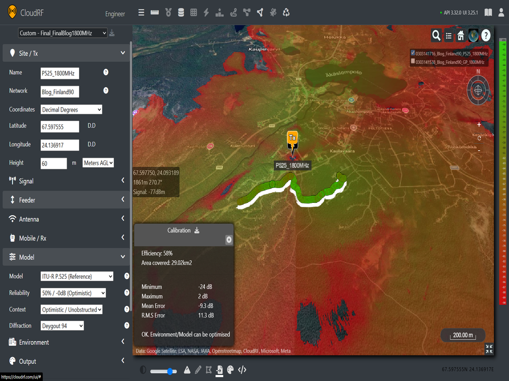 Cloud RF coverage prediction using P.525 against RANT data at 1820MHz (LTE Band 3)